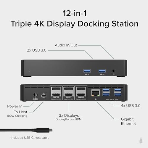 Plugable 12-Port USB Type C Docking Station UD-6950PDZ, 12 USB Ports, Triple HDMI Outputs, 100W Power Delivery, 5.8 x 3.4 x 9.1 Inches, Black