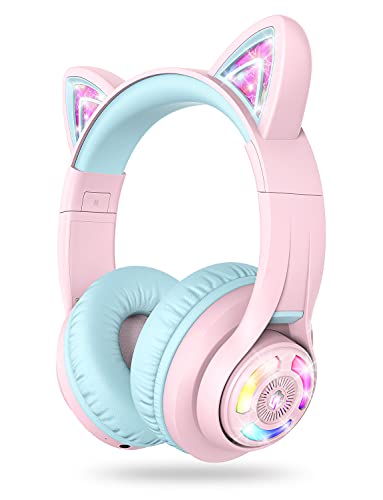 iClever BTH13 Over-Ear Kids Headphones, Wireless, Bluetooth 5.2, 50 Hours Playtime, 40mm Driver, 3.5mm Audio Cable, Pink