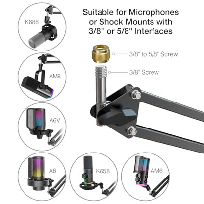 FIFINE CS1 Microphone Arm Stand Metal with Adjustable Scissor Boom, 3/8 Inch to 5/8 Inch Adapter
