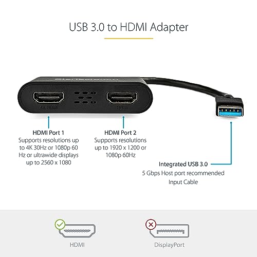 StarTech 12.4in USB-A 3.0 to Dual HDMI Adapter USB32HD2 4K 30Hz A/V Adapter