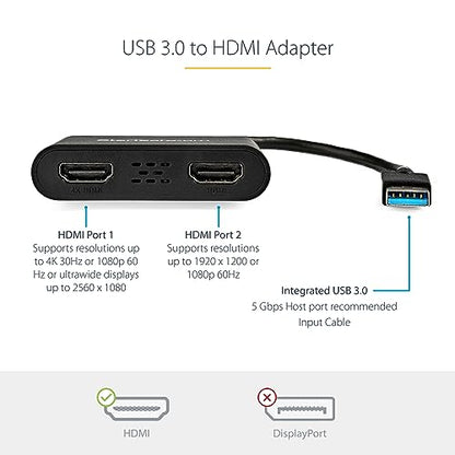 StarTech 12.4in USB-A 3.0 to Dual HDMI Adapter USB32HD2 4K 30Hz A/V Adapter