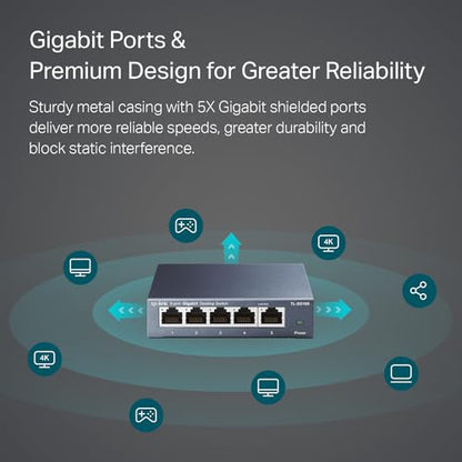 TP-Link 5-Port TL-SG105 Ethernet Switch, 10/100/1000Mbps, Metal Case, Plug and Play