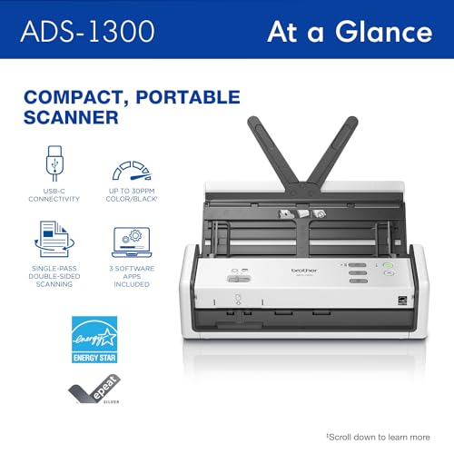 Brother 4" D x 11.3" W x 3.3" H ADS-1300 600 dpi Desktop Scanner