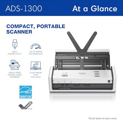 Brother 4" D x 11.3" W x 3.3" H ADS-1300 600 dpi Desktop Scanner