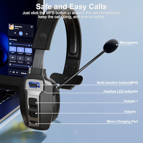BRAMMAR BM202 Black Trucker Bluetooth Headset Wireless, Bluetooth Version 5.2, Dynamic Driver, 15m Range, 65 Hours Battery Life
