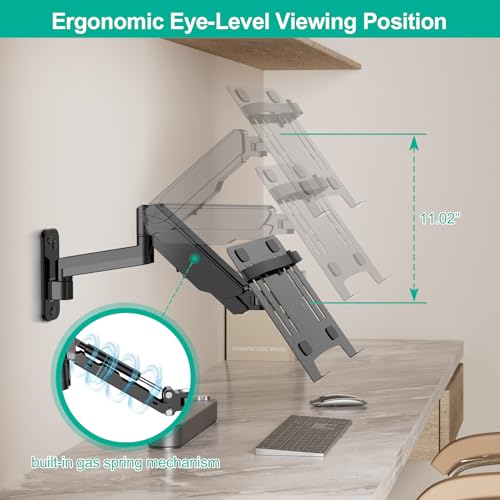 UPGRAVITY Laptop Wall Mount 2-in-1 Gas Spring Holder VESA Compatible 12-17 inch Notebook 13-32 inch Monitor Adjustable