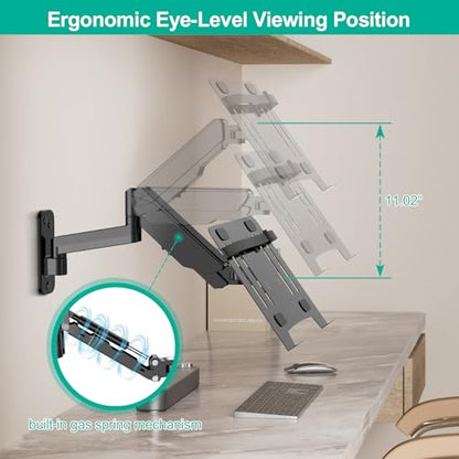 UPGRAVITY Laptop Wall Mount 2-in-1 Gas Spring Holder VESA Compatible 12-17 inch Notebook 13-32 inch Monitor Adjustable