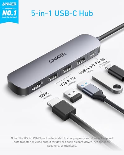 Anker 5-in-1 A8357 USB C Hub with HDMI, USB A 3.0 and 2.0 Ports, 90W Power Delivery, Aluminum Enclosure, Gray
