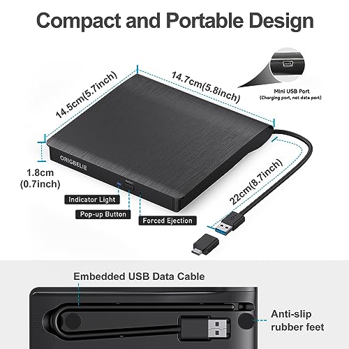 ORIGBELIE Portable External CD/DVD Drive BT524 USB 3.0 24x CD 8x DVD