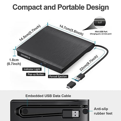ORIGBELIE Portable External CD/DVD Drive BT524 USB 3.0 24x CD 8x DVD