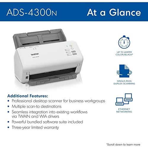 Brother ADS-4300N Document Scanner, 300 DPI, Ethernet, USB, CCD, Sheetfed