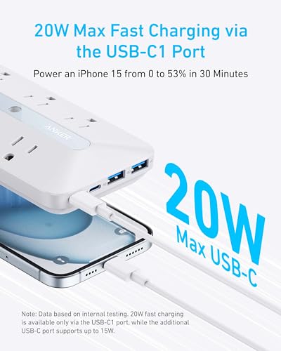 Anker 10-Port Power Strip A9251 300 Joules Surge Protection 15 Amps USB A&C