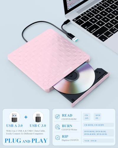 ORIGBELIE 2.5" TP520-Pink USB 3.0 CD/DVD External Drive, 8x, 24x