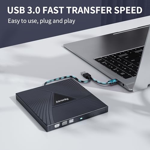 Alronly Portable External CD/DVD Drive, USB 3.0 & Type-C, 6.2" x 5.9" x 0.59", Compatible with PC and Mac