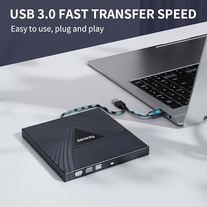 Alronly Portable External CD/DVD Drive, USB 3.0 & Type-C, 6.2" x 5.9" x 0.59", Compatible with PC and Mac