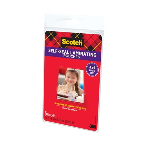 Scotch 5 Pack Self-Sealing Laminating Pouches PL900G-SR Photo Size 4 x 6 Inches Clear Gloss Finish