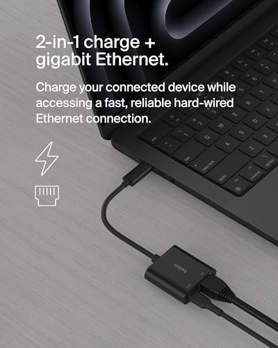 Belkin USB-C to Ethernet/Charge Adapter INC019btBK 100W Power Delivery 20A 2 Ports