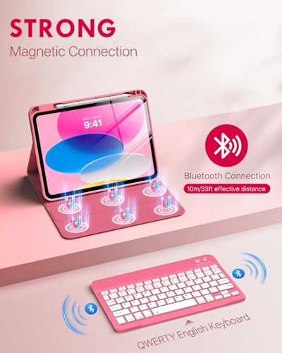 MoKo 11 Inch iPad 11th Gen Case with Keyboard and Pencil Holder, Bluetooth, Mechanical, QWERTY Layout, Pink