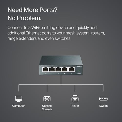TP-Link 5-Port TL-SG105 Ethernet Switch, 10/100/1000Mbps, Metal Case, Plug and Play