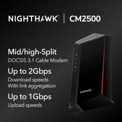 NETGEAR Nighthawk CM2500 Cable Modem – DOCSIS 3.1, 2000 Mbps Downstream, 1000 Mbps Upstream, 2 Ethernet Ports, Black