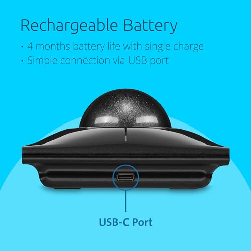 Kensington SlimBlade Pro Wireless Trackball, Bluetooth and USB Connectivity, Rechargeable Battery, Ambidextrous Design, 4 Programmable Buttons, Compatible with Windows, macOS, Linux, Black/Grey (K72085WW)