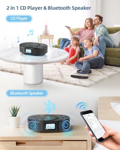 FELEMAN Portable CD Player with Bluetooth Connectivity - USB Powered, 2 Speakers, Stereo Sound, for Home and Car Use