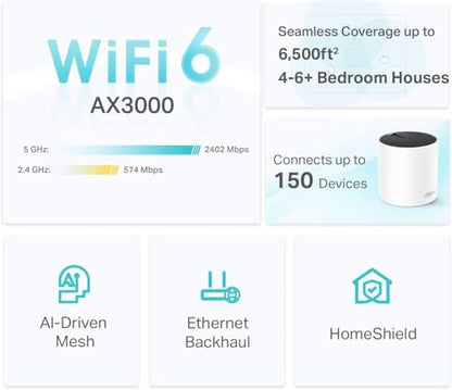 TP-Link Deco X55(3-Pack) AX3000 WiFi 6 Mesh System - Covers Up to 6500 Sq.Ft, 3 Gigabit Ethernet Ports, WPA3 Security