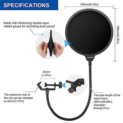 Aokeo 1 Count 6269 Mic Pop Filter Dual Layered Flexible Gooseneck Clamp