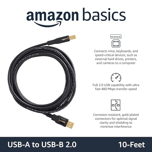Amazon Basics 10 Foot USB 2.0 Printer Cable A-Male to B-Male, 480 Mbps, Black