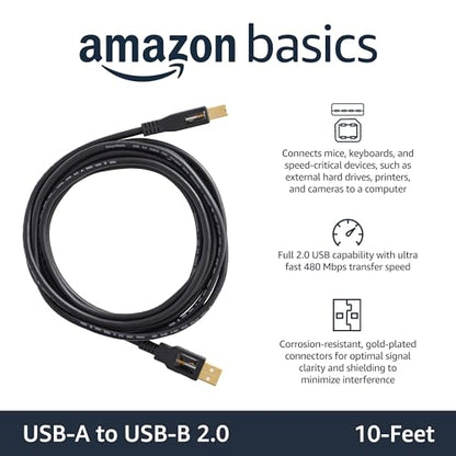 Amazon Basics 10 Foot USB 2.0 Printer Cable A-Male to B-Male, 480 Mbps, Black