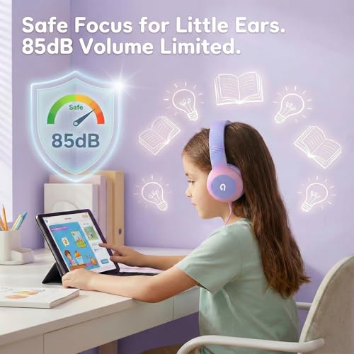 ADOOPE Wired Kids Headphones AD532 Light Purple & Pink Over Ear USB C Safe Volume 85dB