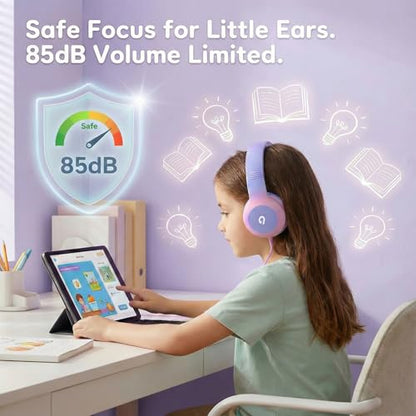 ADOOPE Wired Kids Headphones AD532 Light Purple & Pink Over Ear USB C Safe Volume 85dB
