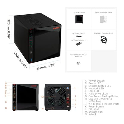 Asustor 9.06 x 6.85 x 6.69 inches AS5404T 4-Bay NAS Network Attached Storage