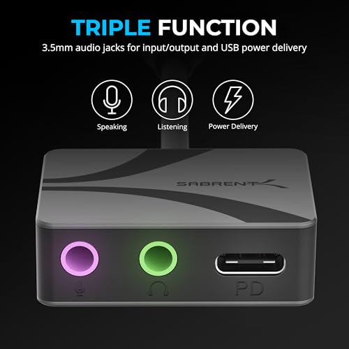 SABRENT USB Type-C to 3.5mm Audio Adapter Stereo 24-bit 96KHz External Sound Card AU-PACM