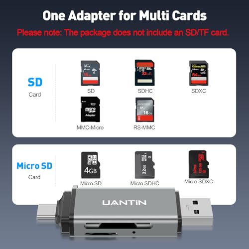 UANTIN 2-Slot SD/MicroSD Card Reader USB Type A, USB Type C 5Gbps Data Transfer Rate Grey