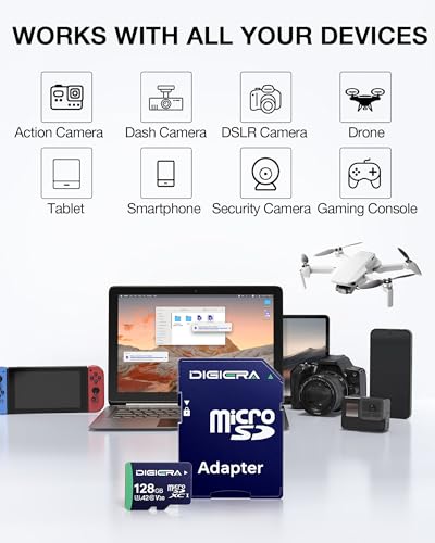 DIGIERA 128GB DGCT100 Micro SDXC Memory Card - Up to 100MB/s Read, 40MB/s Write, Class 10, V30