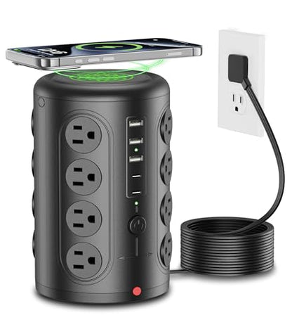 TenTrend 16 Outlets Power Strip Tower with 5 USB Ports, 15 Amps, Type B Plug, 2000 Joules Surge Protection, Black