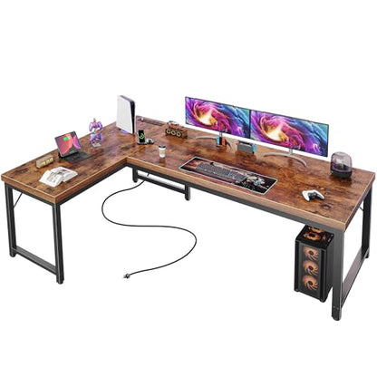 Huuger 63 Inch L-Shaped Computer Desk with Built-In Power Outlets and USB-C Port, Engineered Wood Top, Metal Frame, Rustic Brown