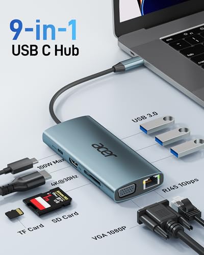 Acer 4K USB C Hub ODK390 4K HDMI 5Gbps Aluminum 9-Port USB Adapter