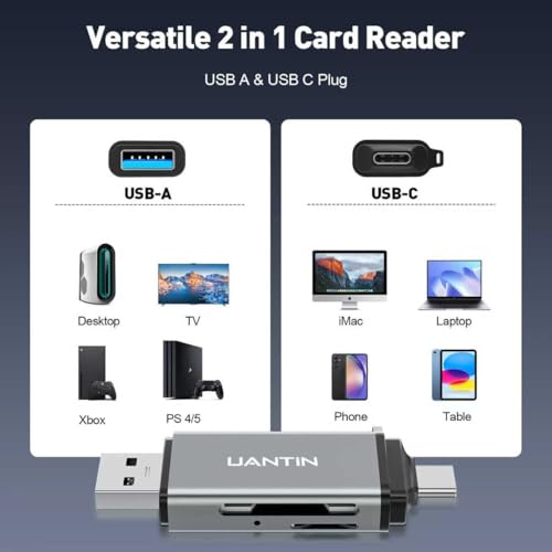 UANTIN 2-Slot SD/MicroSD Card Reader USB Type A, USB Type C 5Gbps Data Transfer Rate Grey