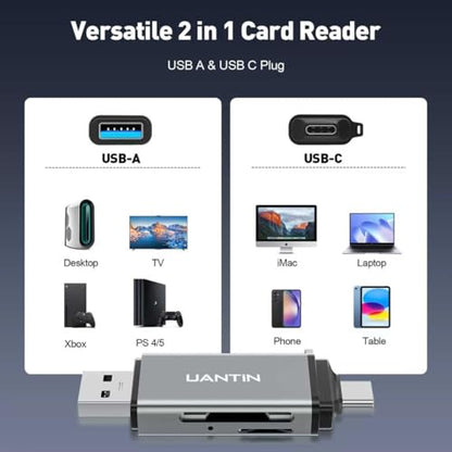 UANTIN 2-Slot SD/MicroSD Card Reader USB Type A, USB Type C 5Gbps Data Transfer Rate Grey