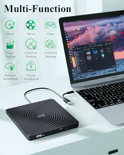 PeroBuno 0.5-Inch Ultra-Slim External CD/DVD Drive Model BT620 with USB 3.0 Type A and Type C Connectivity