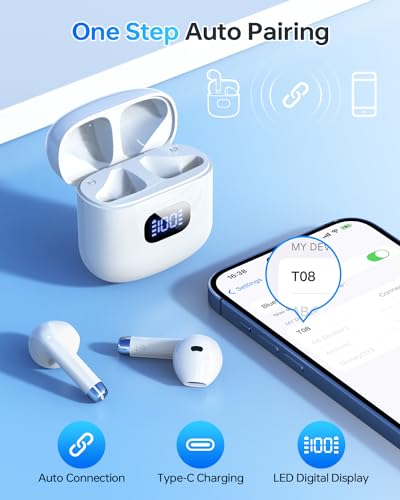 KTGEE T08 Wireless Earbuds Bluetooth 5.3 IPX7 Waterproof - 40Hrs Playback - LED Display - Touch Control - Compact Design