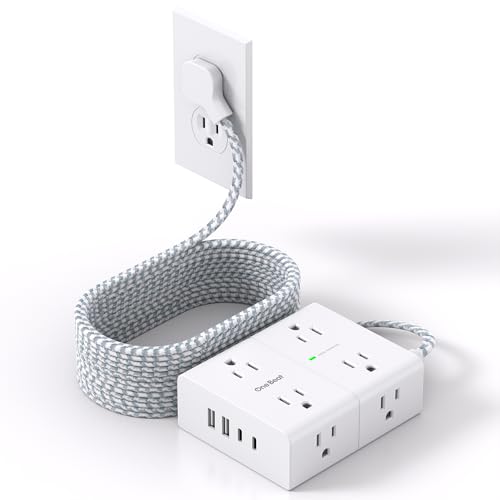 One Beat Power Strip 15 FT 8 AC Outlets 4 USB Ports Model 1 Rectangular White & Grey Surge Protector