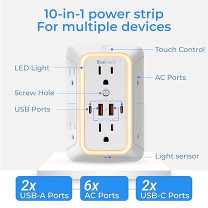 BlueStars Power Strip 6 Outlet 4 USB Ports 125V 1050 Joules