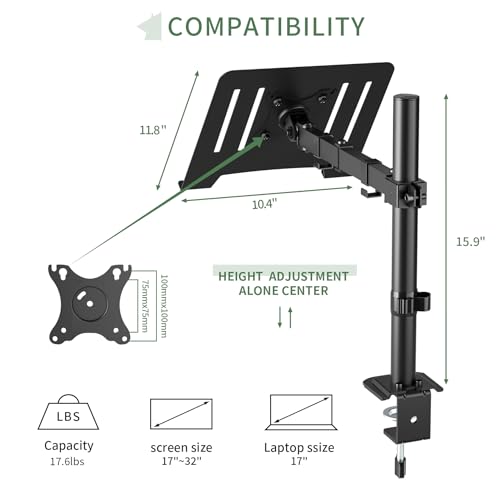 UPGRAVITY Adjustable Laptop Mount Model 756166874022, Single Arm, Clamp/Grommet Mounting, Up to 32inch Monitors or 17inch Notebooks, Supports 17.6lbs