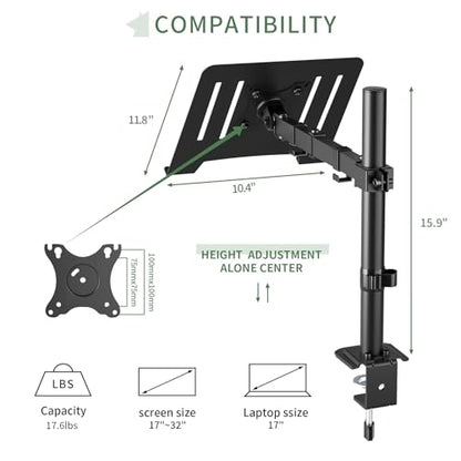 UPGRAVITY Adjustable Laptop Mount Model 756166874022, Single Arm, Clamp/Grommet Mounting, Up to 32inch Monitors or 17inch Notebooks, Supports 17.6lbs