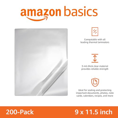 Amazon Basics 9 x 11.5-Inch Clear Thermal Laminating Sheets, 2.8 mil, 200-Pack