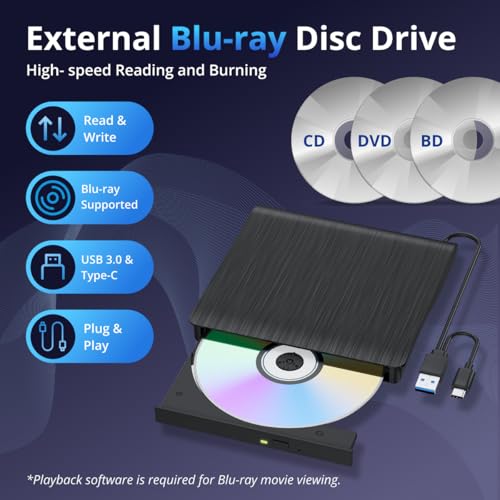 GOOBOX 5.74" x 5.63" x 0.51" GBX-BD100 External USB 3.0 Type-C Blu-ray Drive