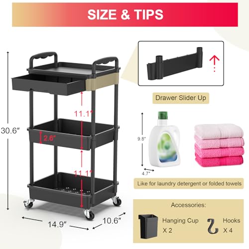 Goovilla 15.75" x 10.9" x 4.9" GV-UC03B Plastic Rolling Utility Cart with Drawer